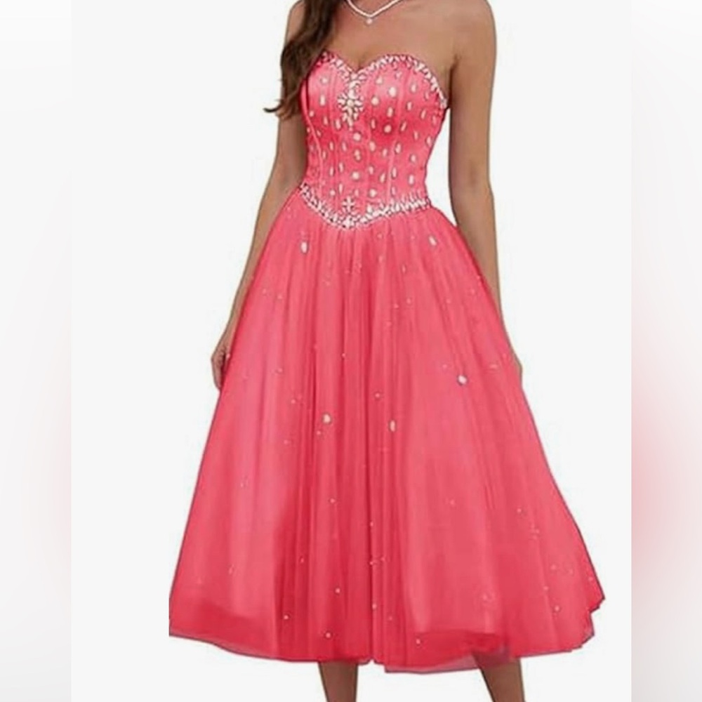 Likedpage strapless tea length tulle sparkly gown